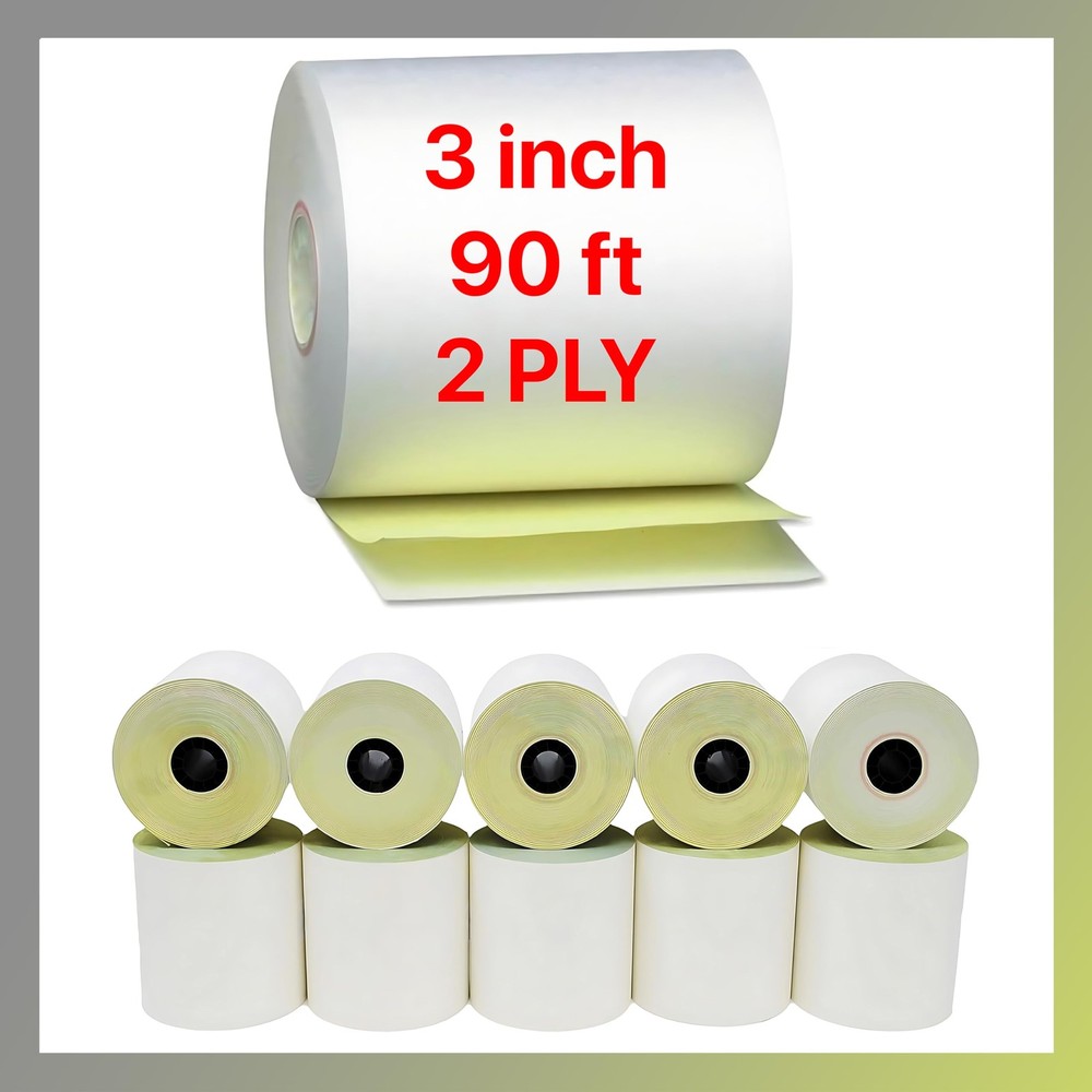 3″ x 90′ 2 Ply [10 Rolls] White Canary Carbonless Paper Kitchen Receipt Printer