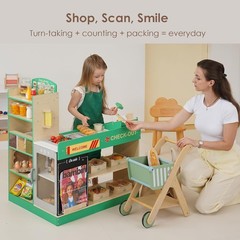 Wooden Grocery Store Playset for Kids with Checkout Counter Pretend Market with