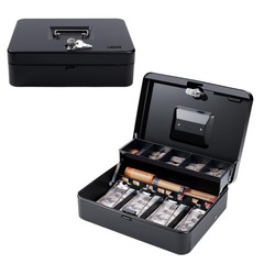 Cash Box Money Tray Top Key PushButton Lock Safe XL 11.8×9.45×3.54″ Black