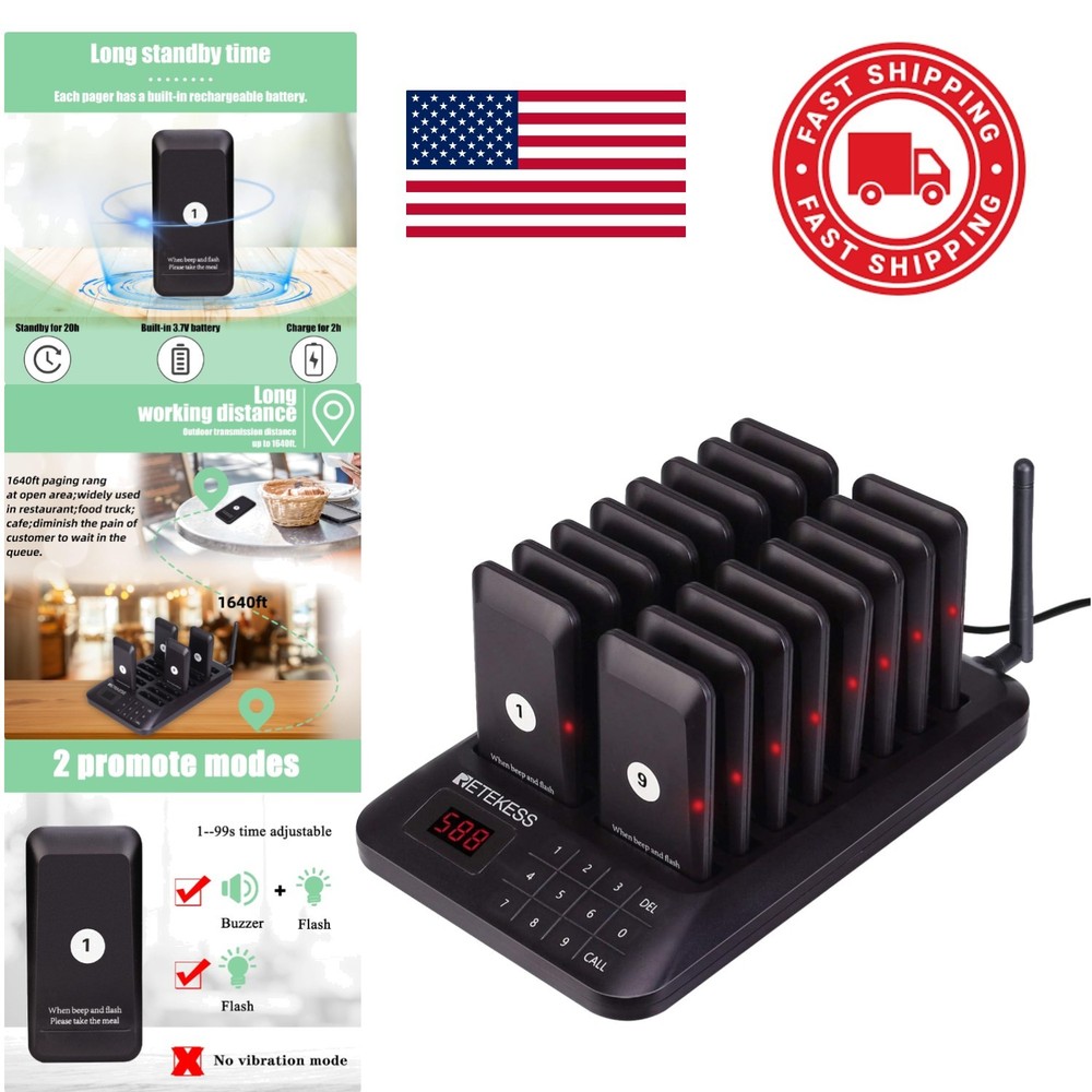 Long Range Restaurant Pager System 16 Pagers 984ft Standby Time 20 Hours