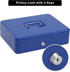 Durable Blue Metal Cash Box with Key Lock and Tiered Money Tray, 11.8″ x 9.5″