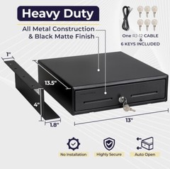 13″ SQUARE REGISTER APP CERTIFIED Cash Drawer “NEW” Electric Open & MOUNT KIT