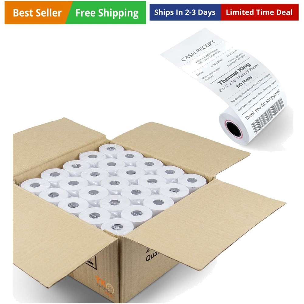 50 Rolls 2 1/4″ 50′ feet White Paper Cash Register POS Receipt, Fits All Cred…