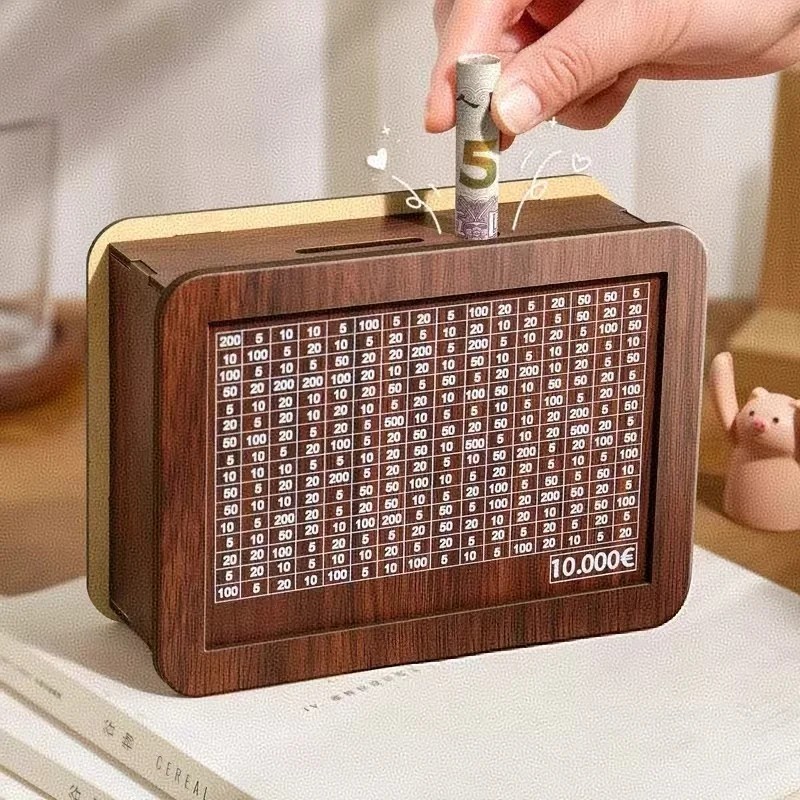 $10000 Cash Vault Wooden Savings Box,Wooden Savings Box with Money Target Numb