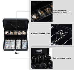 Cash Box with Money Tray and Key Lock,Tiered, Cantilever Design,4 Bill / 5 Coi..
