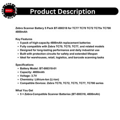 Zebra Scanner Battery 5 Pack BT-000318 for TC77 TC70 TC72 TC75x TC700 4800mAh