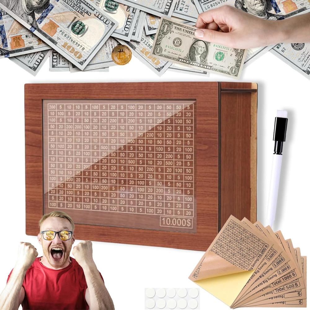 10000 Savings Challenge Box, Money Saving Box, 2025 Upgraded Cash Vault Wooden S
