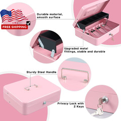 Pink Cash Box with Money Tray and Key Lock,Tiered,4 Bill /5 Coin Slots for girls