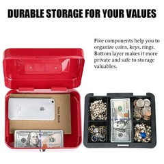 Red Large Cash Box with Money Tray Safe Key Lock 9.8 x 7.9 x 3.5 Inch