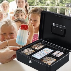 Large Black Steel Cash Box with Key Lock and Removable Money Tray