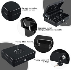 Cash Box with Money Tray and Key Lock,Tiered, Cantilever Design,4 Bill / 5 Coi..