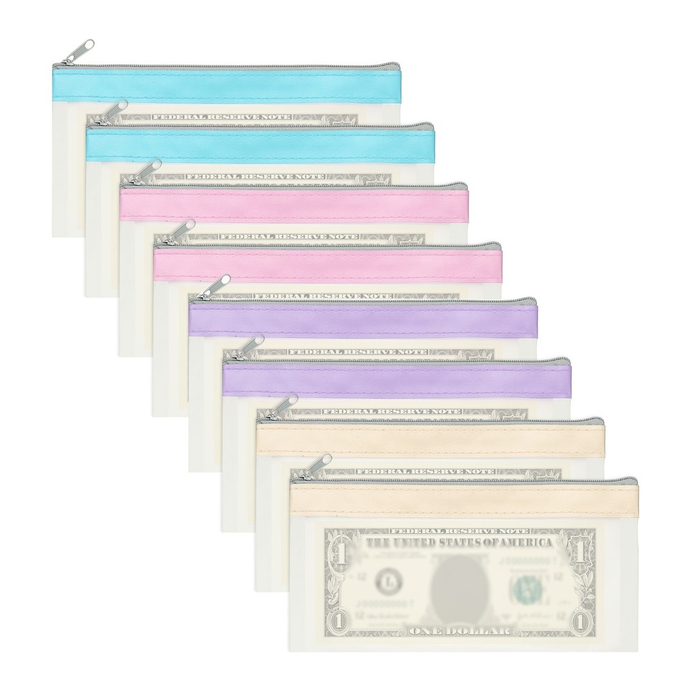 8PCS 8.5×4 Inch Money Bags with Zipper Clear Cash Pouch, Blue/Pink/Purple/Beige