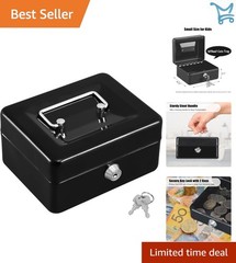 Small Metal Cash Box with Key Lock Portable Handle for Coins Bills Receipts