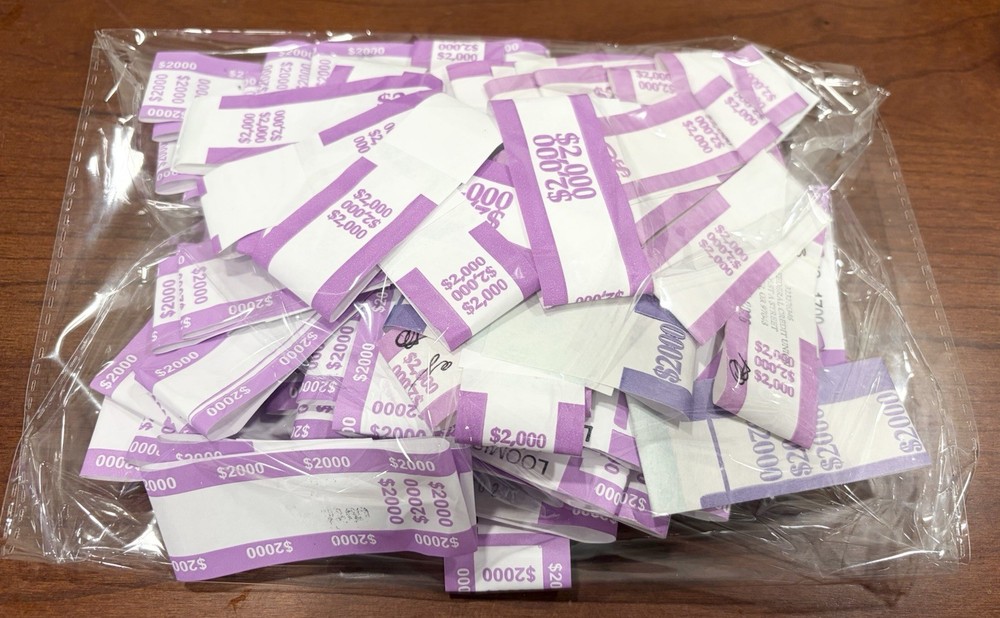 Lot Of About 100 Purple $2,000 Straps Currency Bands For cash money bank bill