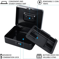 Large Cash Box with Combination Lock Safe Metal Money Box with Money Tray for Se
