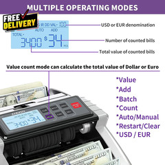Money Counter Machine with Value Count Dollar Euro UV/MG/IR/DD/DBL/HLF/CHN Cou..