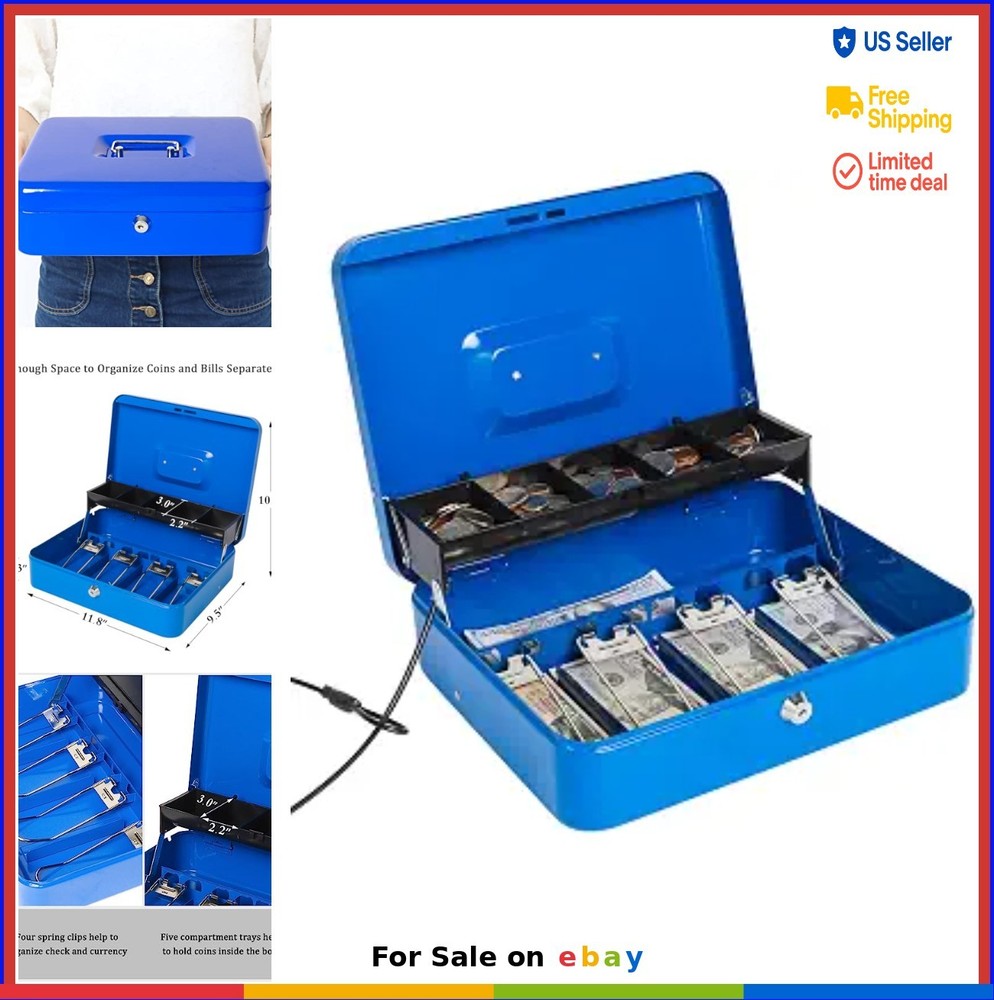 Locking Cash Box with Money Tray Blue Metal Key Lock Security Cable 11.8×9.5×3.5