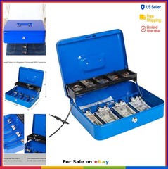Locking Cash Box with Money Tray Blue Metal Key Lock Security Cable 11.8×9.5×3.5
