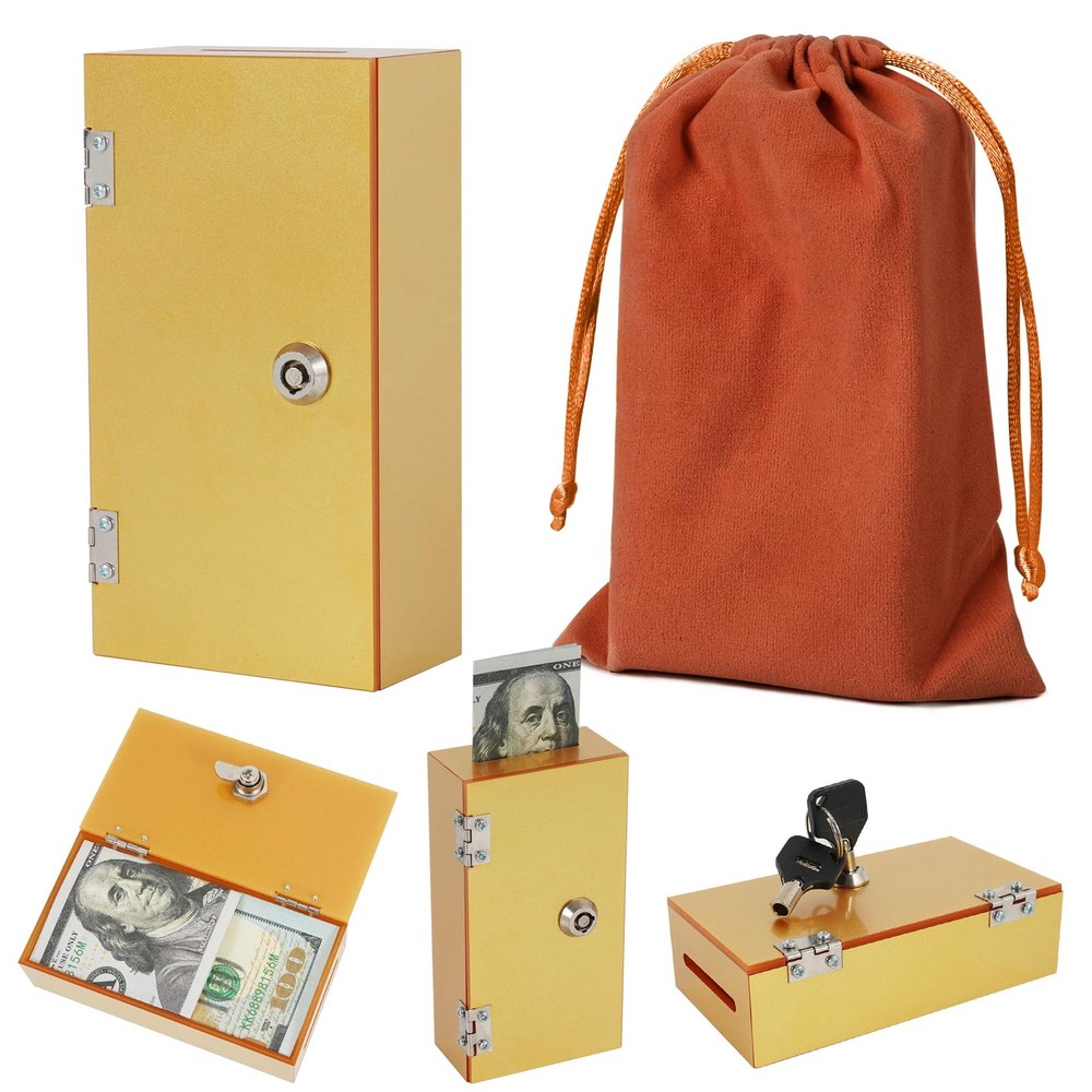 Acrylic Cash Box for Gambler Pocket Sized, Sparkling Glitter Gold Winners Bank