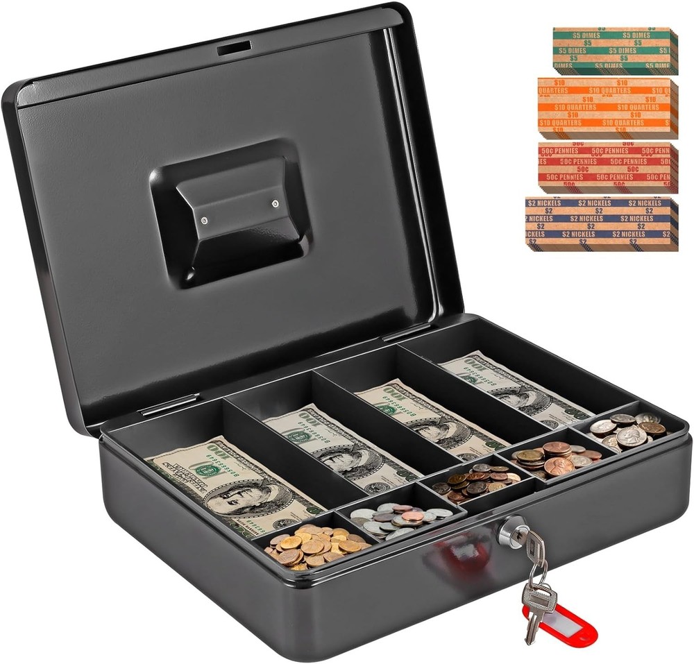 Cash Box with Money Tray and Lock, Metal Locking Cash/Money Saving Organizer Bo