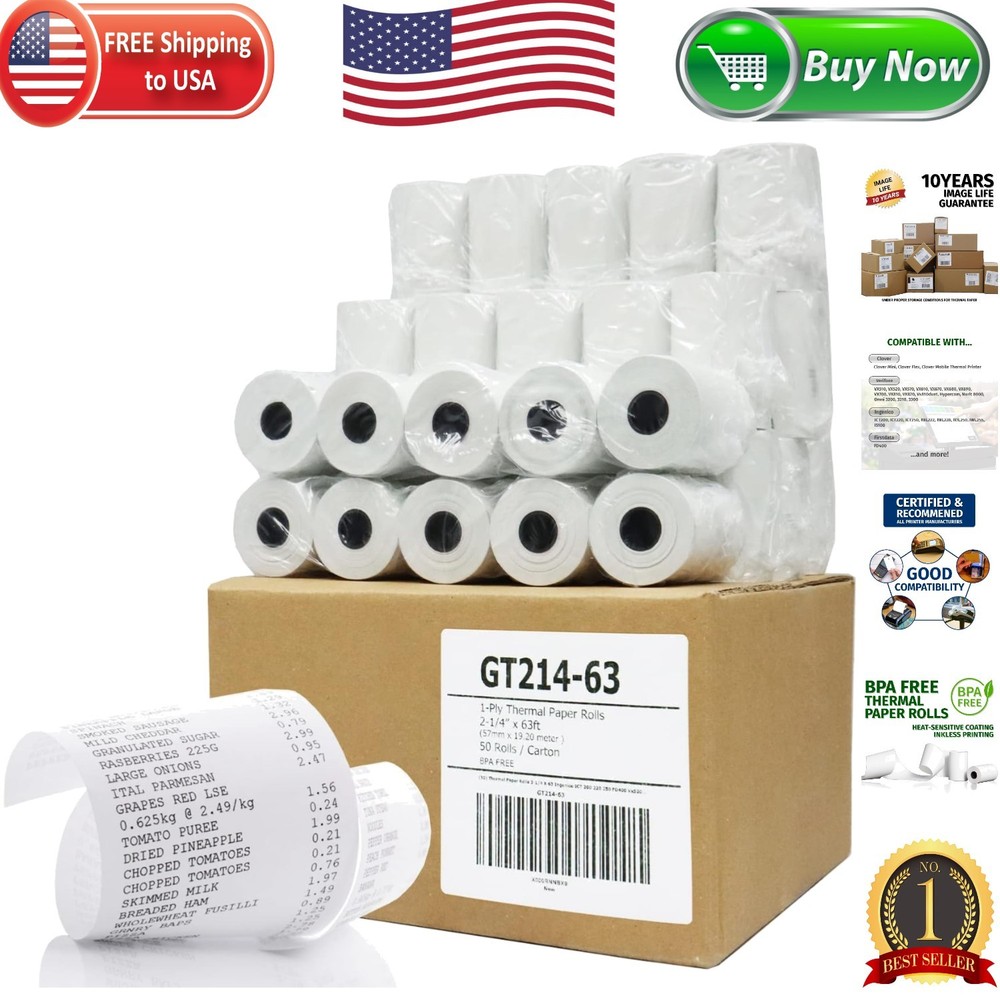 50 Pack of Lint-Free Thermal Paper 2-1/4″ x 63′ for Ingenico & Verifone