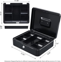 Large Black Steel Cash Box with Key Lock and Removable Money Tray