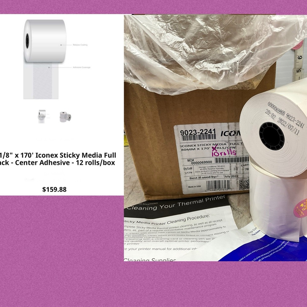3 1/8″ (80 mm) x 170′ Iconex Full-Tack Sticky Media Linerless Labels (10 rolls)