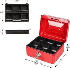 Cash Box with Money Tray, Small Money Box with Key Lock, 6″ x 4 4/5″ x 3″, Red
