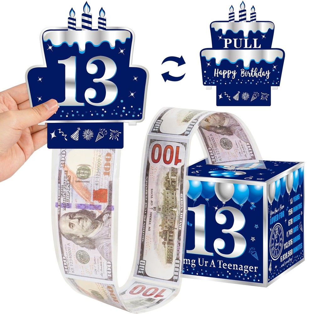 13th Birthday Pull-Out Money Gift Box Happy Birthday Party Cash Present Blue