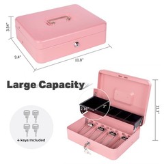 Cash Box Money Tray Lock Metal Register Safe 11.8×9.4×3.54 Inch Pink Large