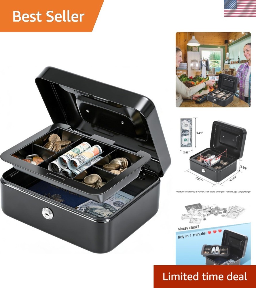 Sturdy Black Cash Box with Removable Tray & Portable Handle – 7.87″ x 6.30″