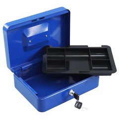 Cash Box with Key Lock Blue Steel Removable Coin Tray 9.84×7.87×3.54 Inch