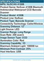 Adesso NuScan 4100B Bluetooth Antimicrobial Waterproof CCD Barcode Scanner