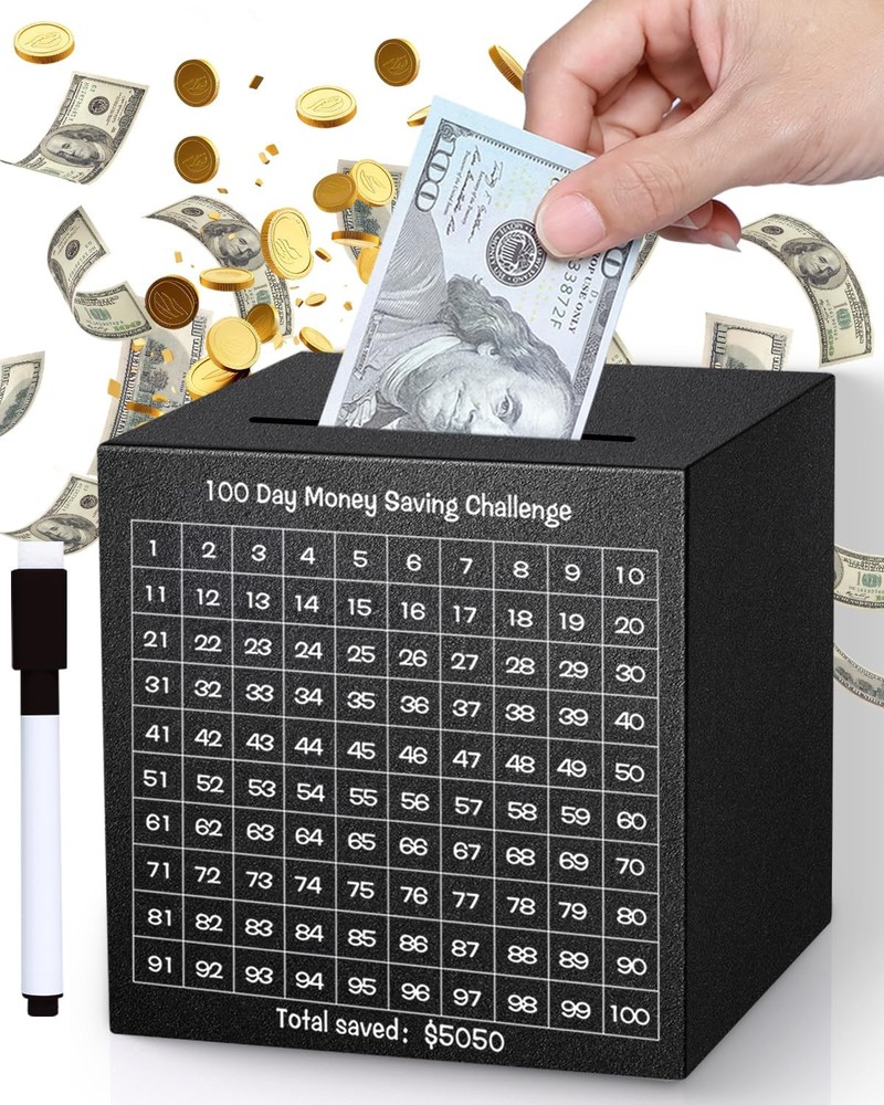 Money Saving Box, Unbreakable Piggy Bank for Adults Save $5,050 Metal Savings…