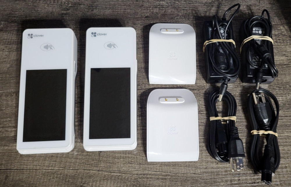 Lot of 2 Clover Flex C403 POS Terminals w/ Charging Docks & Power Adapters – Res