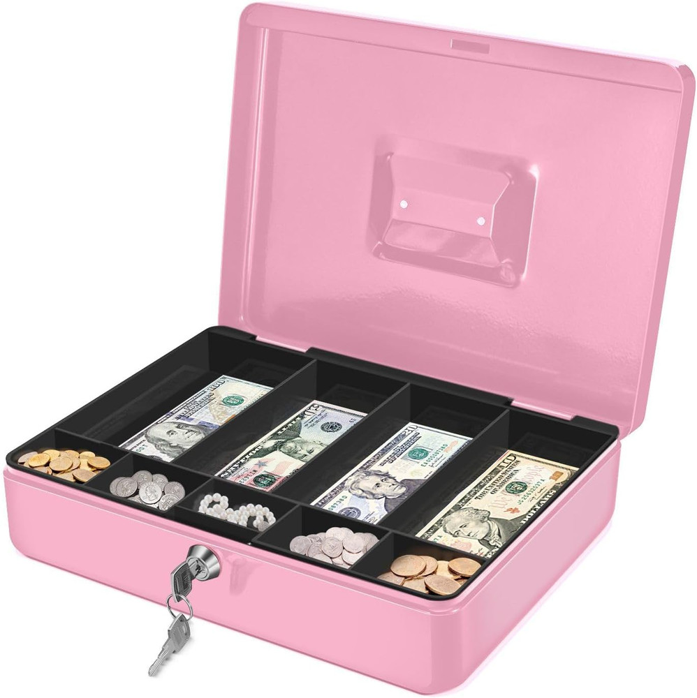 Cash Box with Money Tray and Lock – Metal Cash Box for Small Businesses, 9-Compa