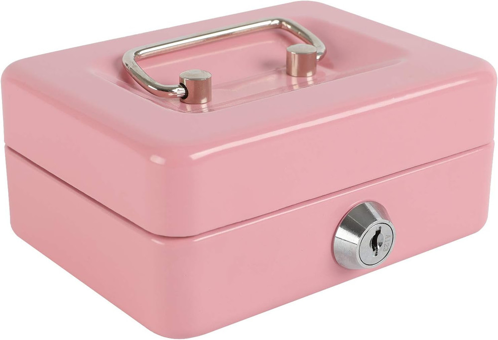 Locking Steel Mini Cash Box with Removable Coin Tray and Key Lock for Kids, 4.92