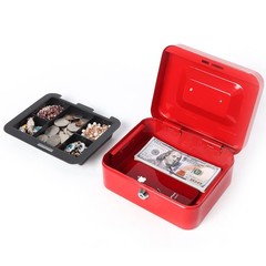 Small Metal Cash Box Money Tray Key Lock 7.87×6.3×3.54 Inch Safe Lockbox Red