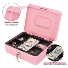 Pink Cash Box with Money Tray and Lock, Metal Money Box for Cash, Lock Box fo…