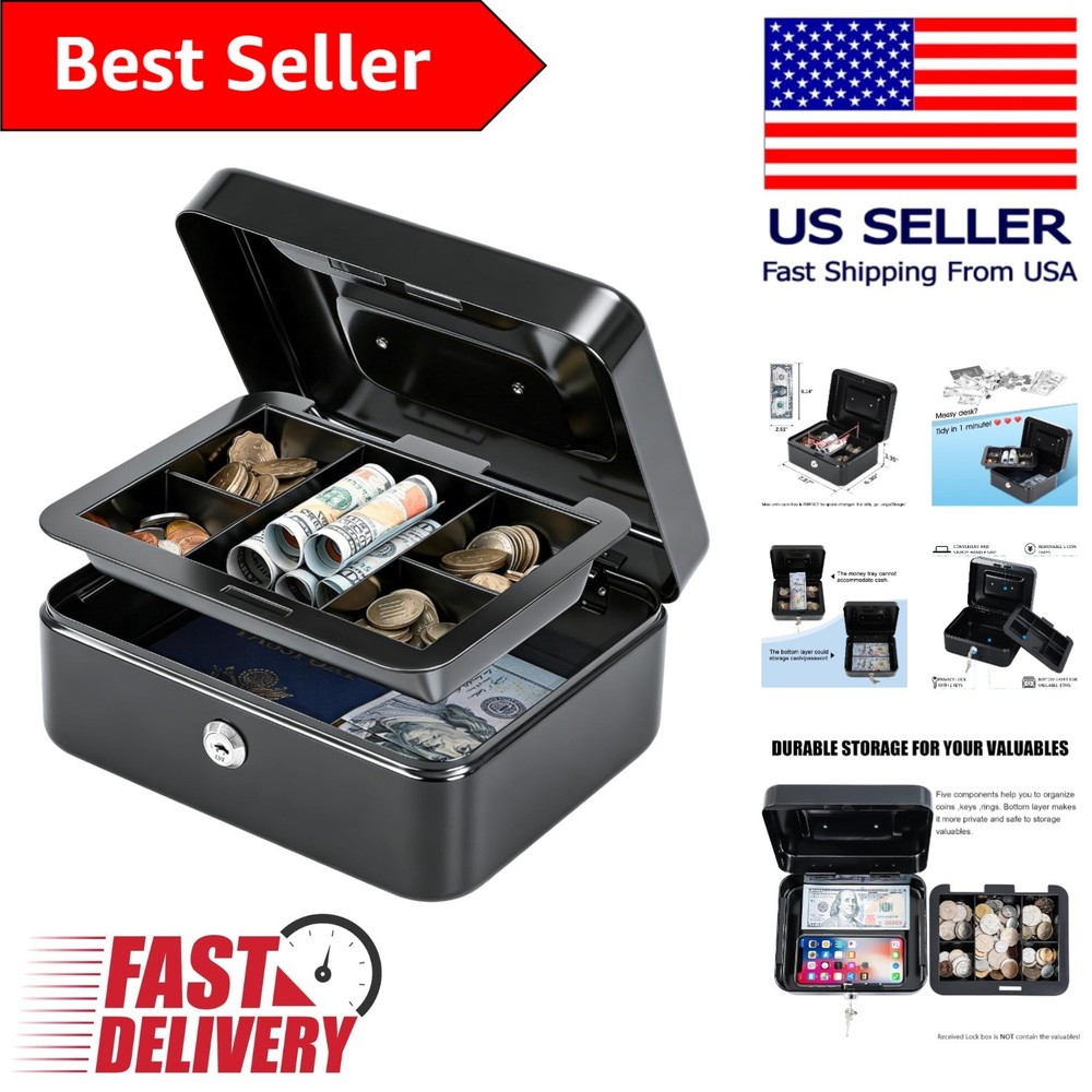 Secure Medium Cash Box with Dual Keys, Removable Tray & Stainless Steel Build