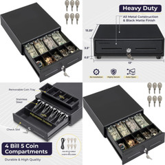 Cash Drawer 13″ Register Electronic POS System Coins Bills Safe Organizer Tray