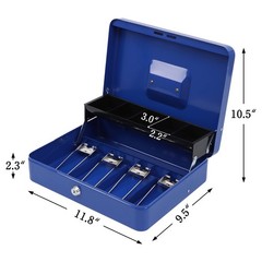 Metal Cash Box With Money Tray Key Lock Blue 11.8×9.5×3.5 Inch Storage Box