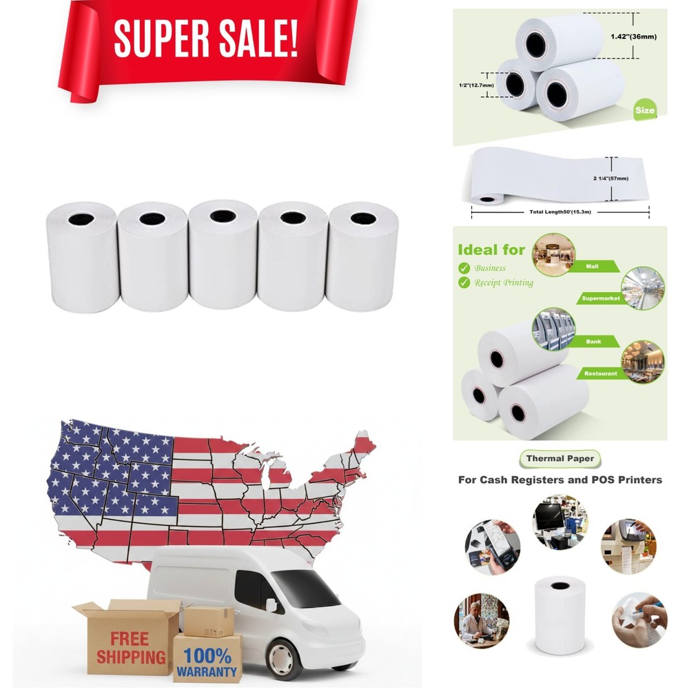 2 1/4″ x 50′ Thermal Paper – 5 Biodegradable Rolls for Cash Registers