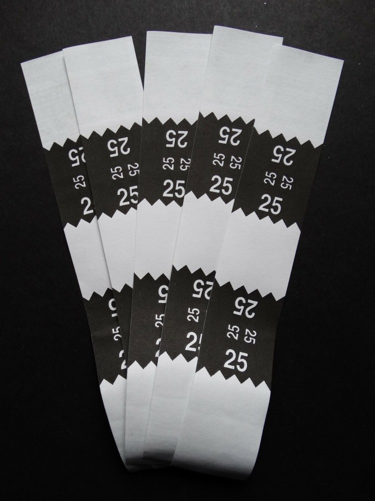 5 – Black $25 Cash Money Self-Sealing Straps White Saw Tooth Currency Bands