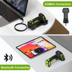 433Mhz Wireless Barcode Scanner, 2‑in‑1 Bluetooth, Dock
