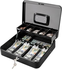 Portable Cash Drawer with Key Lock & Spill-Proof Coin Tray – Black, 11.8×9.5 in