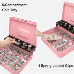 Cash Box with Money Tray and Lock – Pink Cash Box with Key Lock Safe Money Bo…