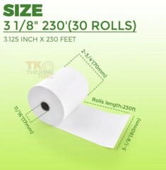 TK Thermal King 30 Rolls 3 1/8″ 230′ feet White Thermal Paper Cash Register P…