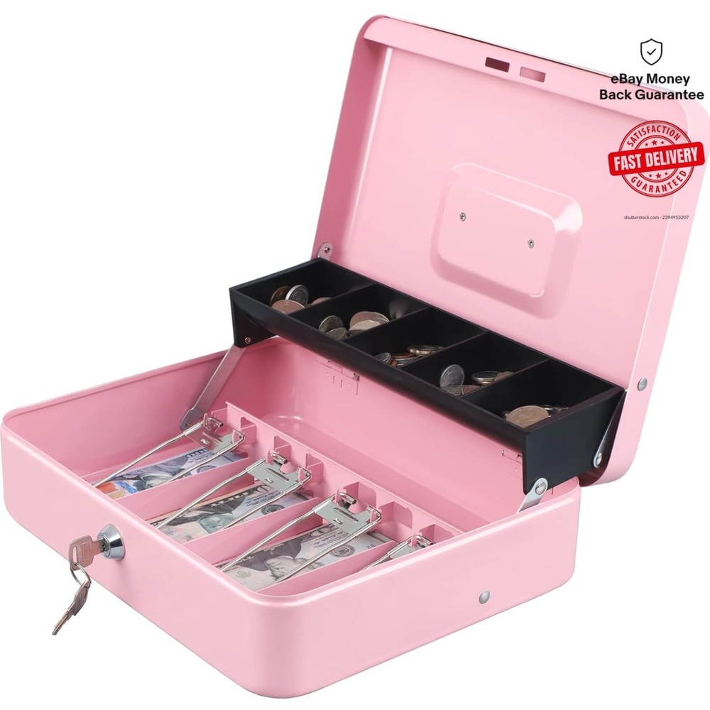 Durable 11.8″ x 9.5″ Cash Box with Tiered Design & Key Lock for Coins & Bills