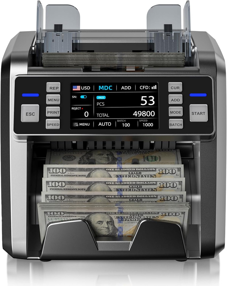 Mixed Denomination Money Counter with Counterfeit Detection, Touch Screen, and 2